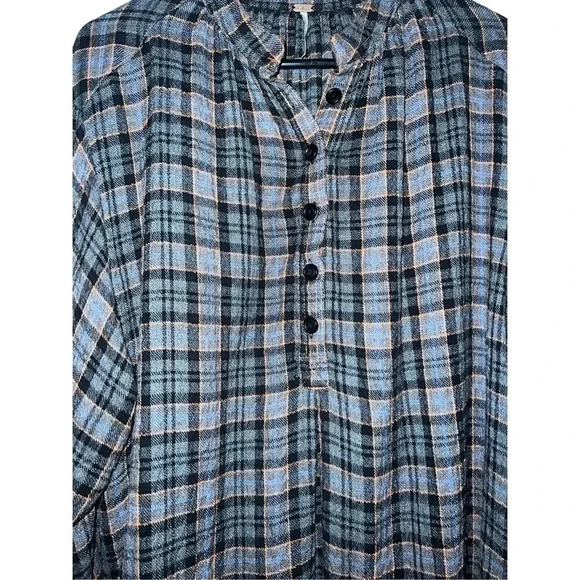 Free People  Oversized Plaid Half Button Long Sleeve Shirt XS preppy collar emo - Picture 1 of 4